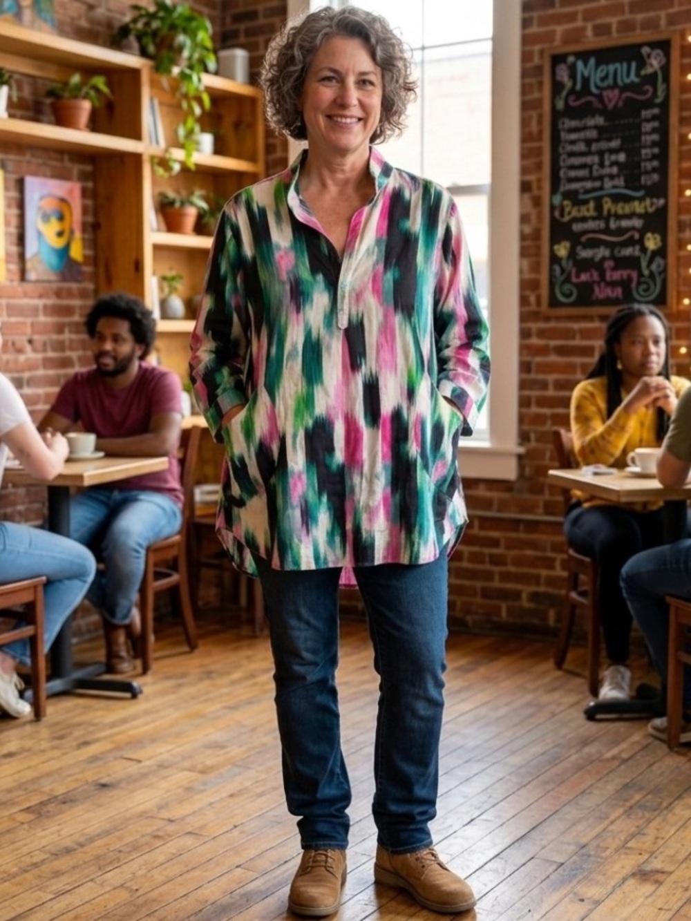 For Cynthia Linen Blend Abstract Brushstrokes Tunic Art-to-wear Lagenlook Sz 1X